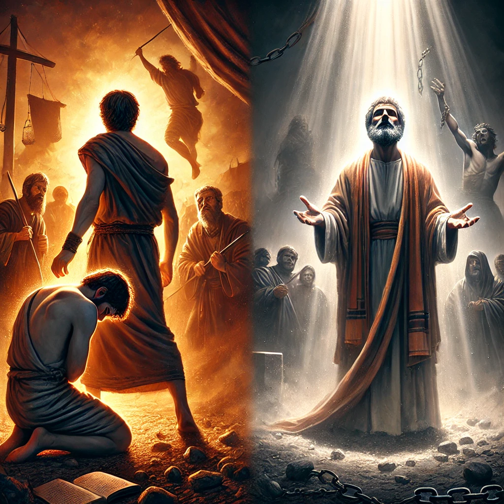 Split image of Saul witnessing Stephen’s martyrdom (left) and the Apostle Paul, transformed by grace, in a scene of divine purpose (right).