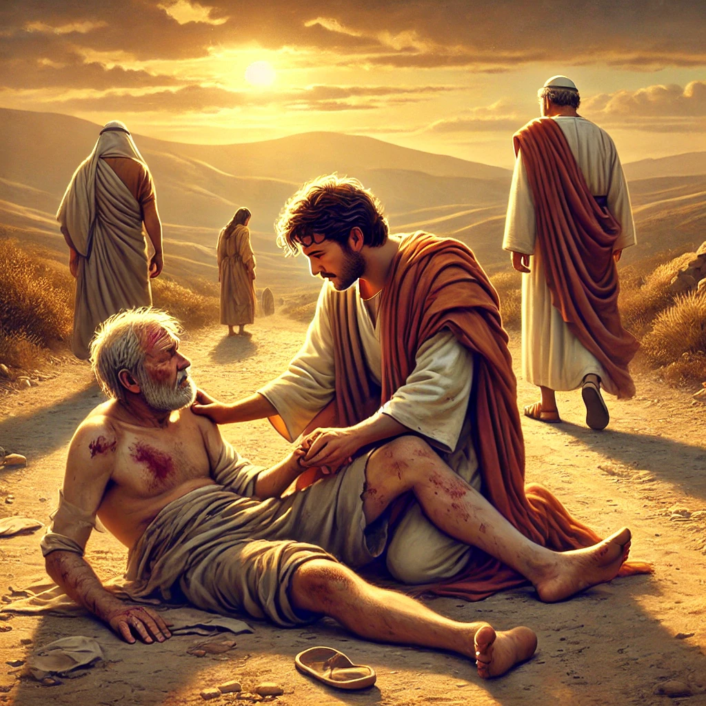 The Good Samaritan helping a wounded traveler
